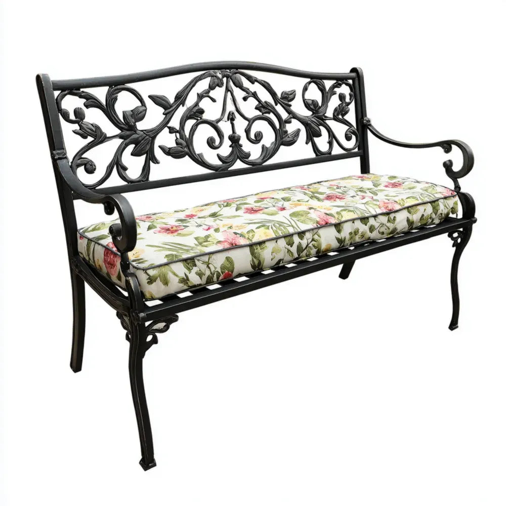 Patio Bench Cast Iron 130x60x90 cm with Floral Cushion for Garden Use – Black