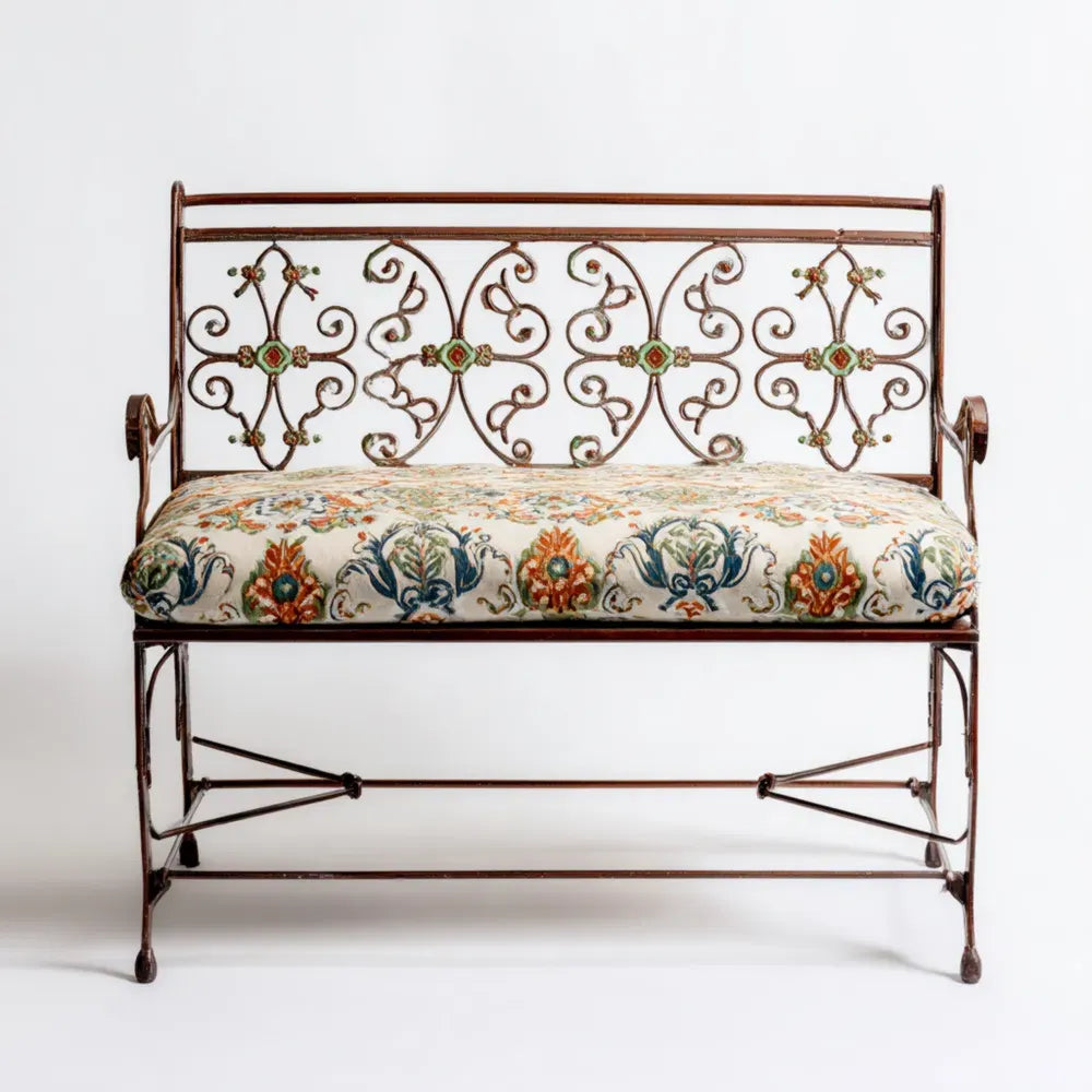 Outdoor Iron Patio Bench 120x45x90 cm – Vintage Design – Brown/Multi-color Cushions
