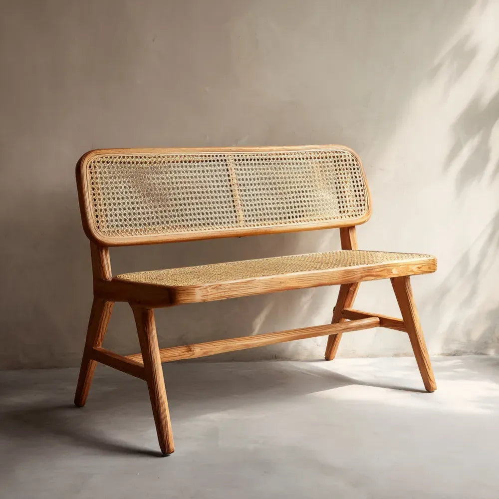 Rattan Patio Bench - Natural Wood Frame 120x60x80 cm
